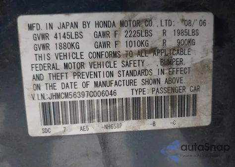 2007 Honda Accord 2.4 Se из США, поврежденный, VIN JHMCM56397C006046